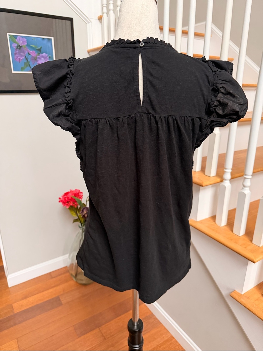 LOFT Small Black Crochet Lace Yoke Flutter Sleeve Cotton Shirt - Picture 4 of 7